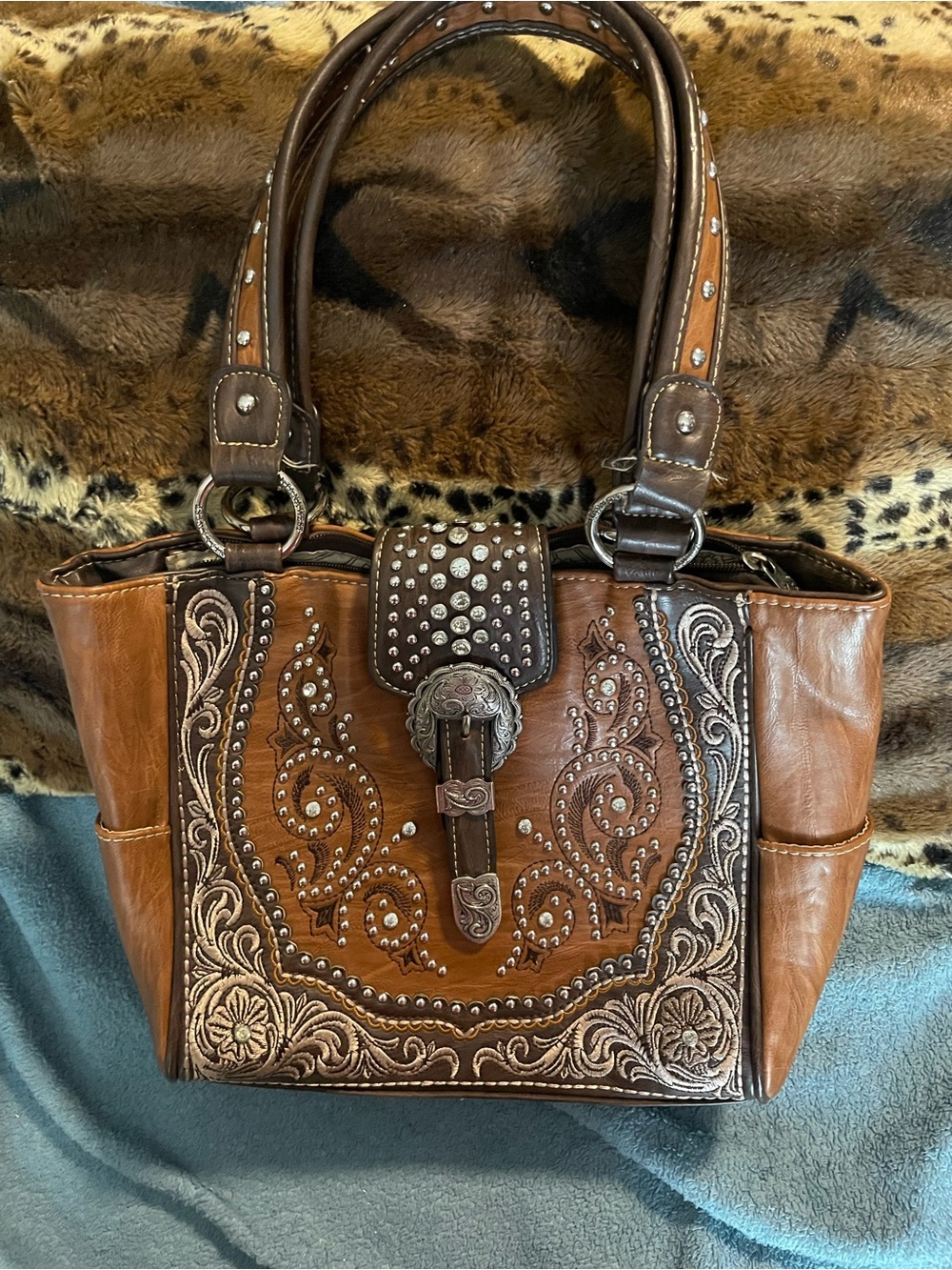 Montana West Two-Tone Brown Embossed Studded Shoulder Bag
